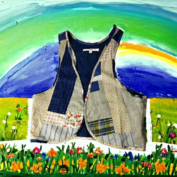 Ruehl Open Patchwork Print Boho Farm Cabin Hippie Cotton Girl's Vest Small - Picture 13 of 14
